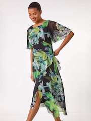 فستان مزين بنقشة زهور نباتية وكشكشة من Roman - Image 2 of 5