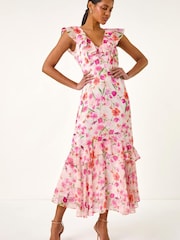 Roman White Floral Frill Chiffon Midi Dress - Image 1 of 5