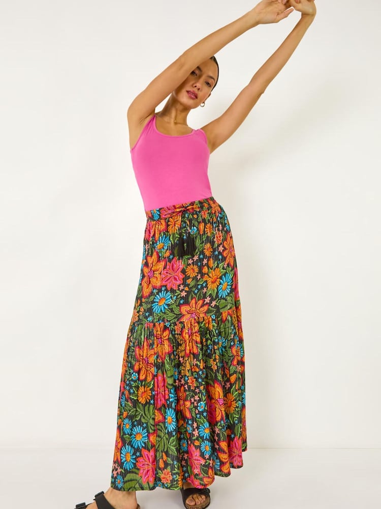 Roman Black Floral Print Tiered A-Line Skirt - Image 1 of 5