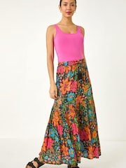 Roman Black Floral Print Tiered A-Line Skirt - Image 2 of 5