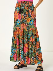 Roman Black Floral Print Tiered A-Line Skirt - Image 4 of 5