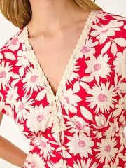 Roman Red Floral Print Lace Trim Top - Image 5 of 5