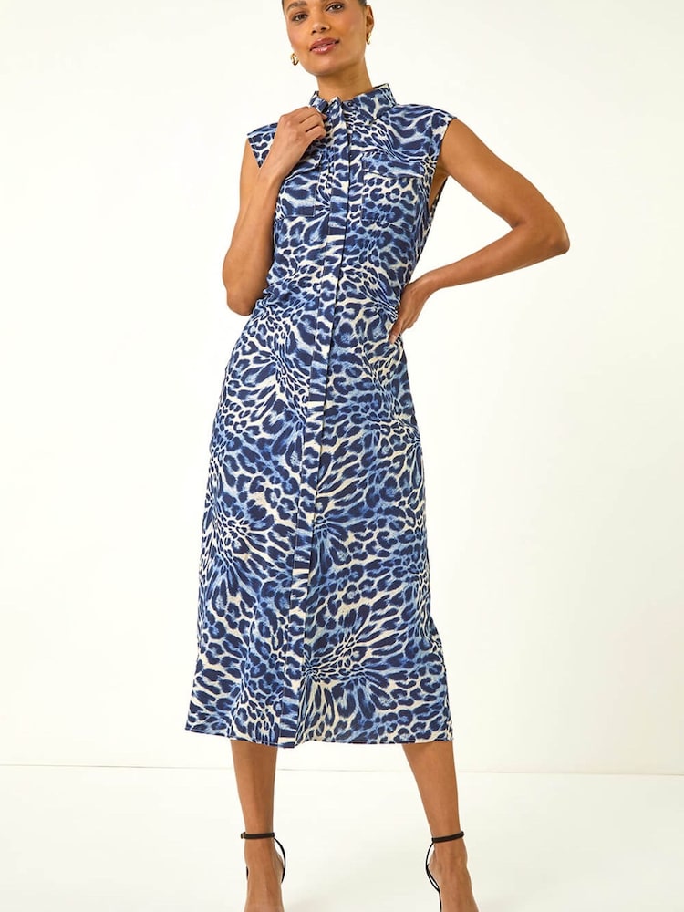 Roman Blue Animal Print Gathered Shirt Dress - Image 2 of 5 Roman Blue Animal Print Gathered Shirt Dress - Image 2 of 5