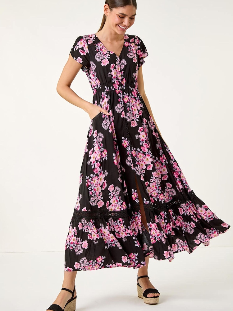 فستان ماكسي طبعة زهور بخصر مجمع من Roman - Image 1 of 5