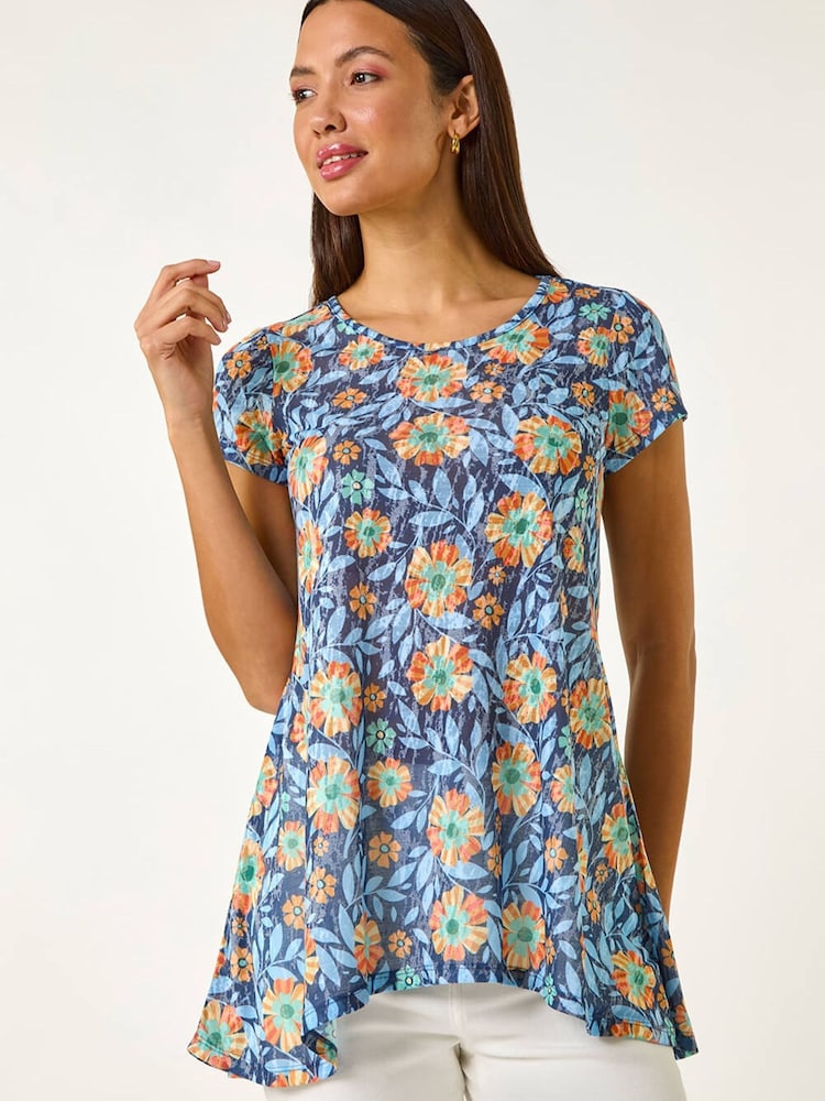 Roman Blue Floral Burnout Print Tunic Top - Image 1 of 5