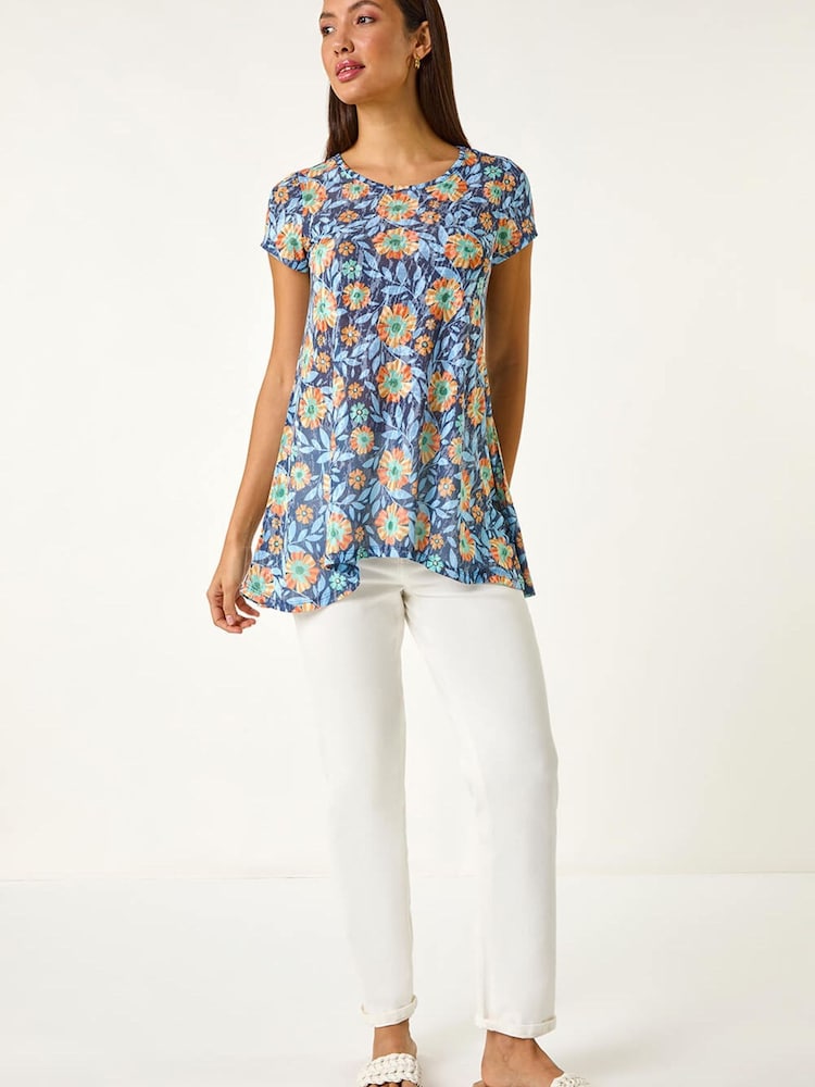 Roman Blue Floral Burnout Print Tunic Top - Image 2 of 5