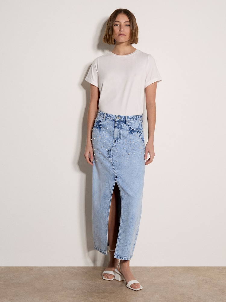 Apricot Blue Amara Pearl Embellished Denim Midi Skirt - Image 1 of 4