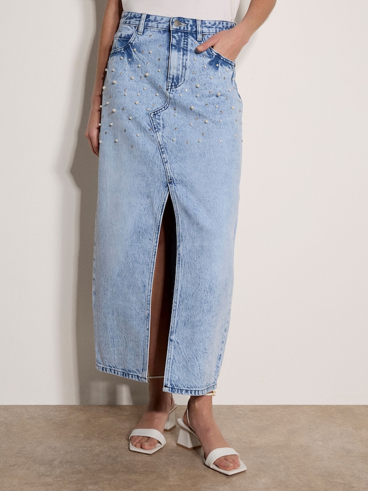 Apricot Blue Amara Pearl Embellished Denim Midi Skirt - Image 2 of 4