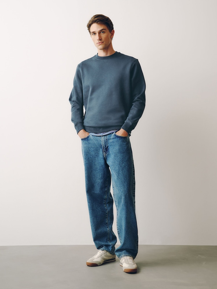Airforce Blue Regular Fit Heavyweight Cotton Rich Crew Neck Sweatshirt - Image 2 of 8 Airforce Blue Regular Fit Heavyweight Cotton Rich Crew Neck Sweatshirt - Image 2 of 8