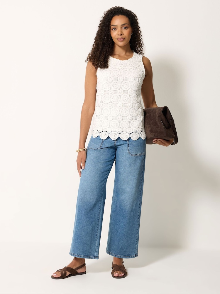 M&Co Cream Crochet Sleeveless Shell Print Top - Image 1 of 4