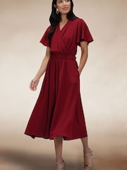 Hot Squash Red Chiffon Midi Dress - Image 1 of 5