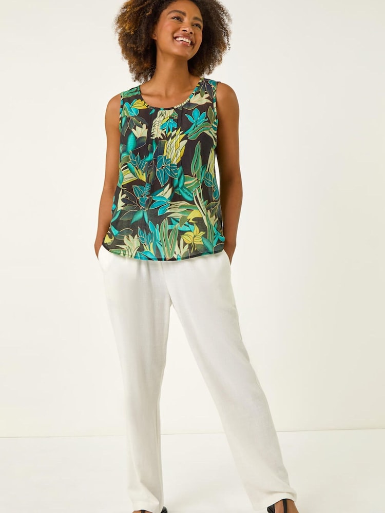 Roman Green Leaf Print Pleat Front Vest Top - Image 1 of 5