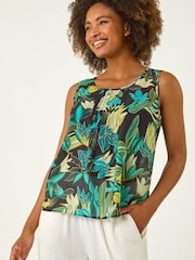 Roman Green Leaf Print Pleat Front Vest Top - Image 3 of 5
