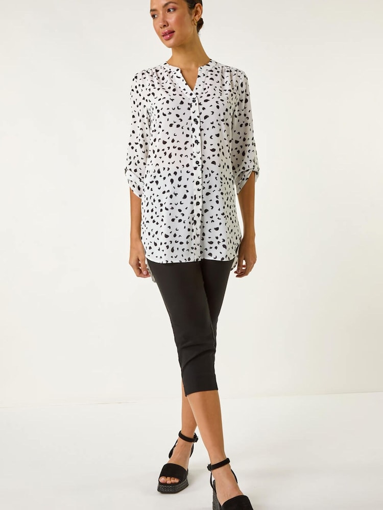 Roman White Spot Print V-Neck Button Blouse - Image 2 of 5 Roman White Spot Print V-Neck Button Blouse - Image 2 of 5