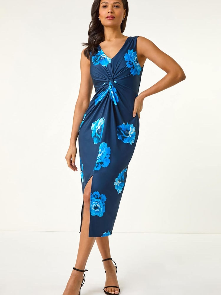 Roman Blue Floral Twist Front Midi Dress - Image 1 of 5