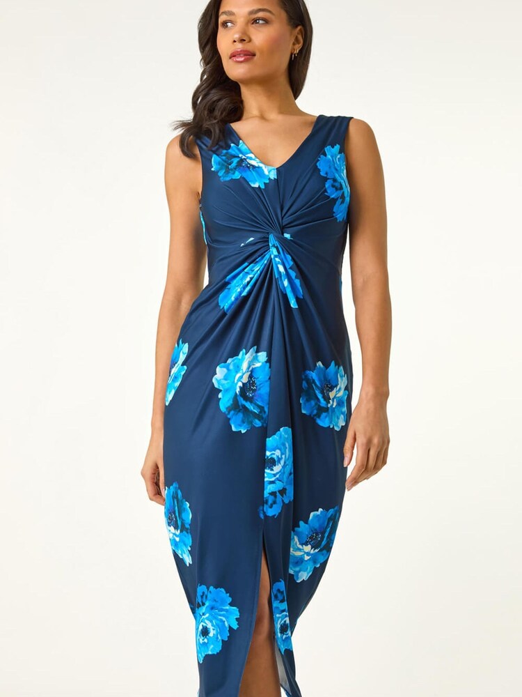 Roman Blue Floral Twist Front Midi Dress - Image 5 of 5