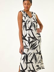 Roman Black Leaf Print Zip Detail Midi Dress - Image 1 of 5