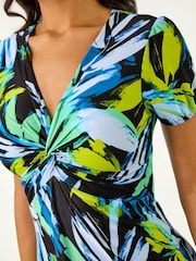 Roman Blue Leaf Print Twist Front Midi Dress - Image 2 of 5