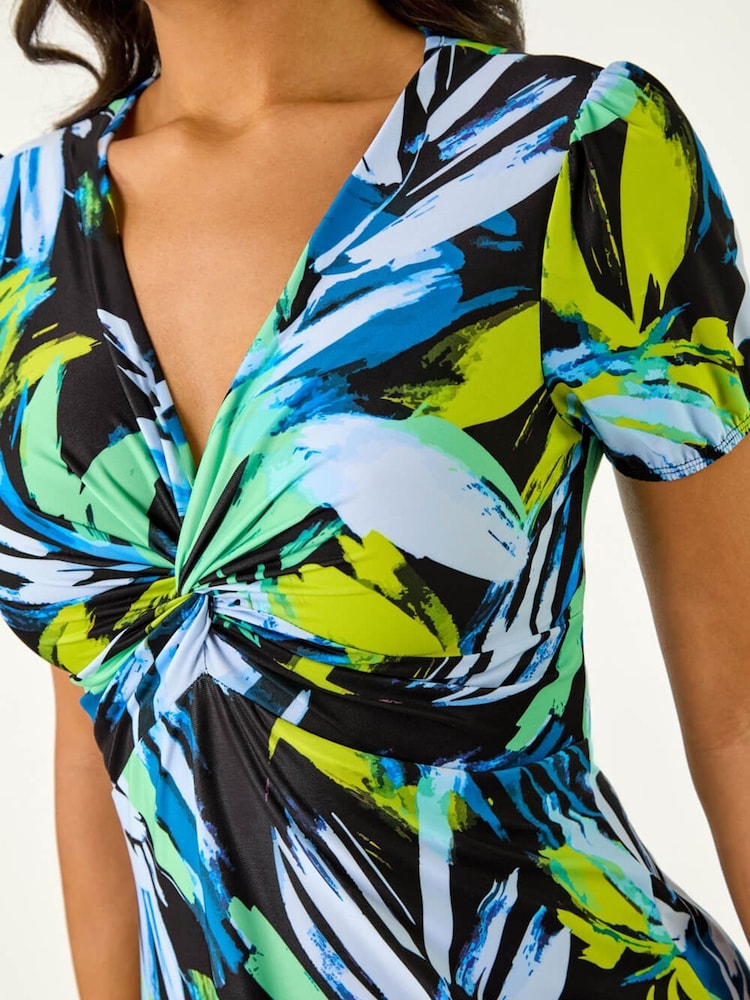 Roman Blue Leaf Print Twist Front Midi Dress - Image 2 of 5 Roman Blue Leaf Print Twist Front Midi Dress - Image 2 of 5