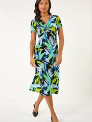Roman Blue Leaf Print Twist Front Midi Dress - Image 4 of 5