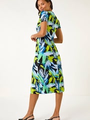 Roman Blue Leaf Print Twist Front Midi Dress - Image 5 of 5