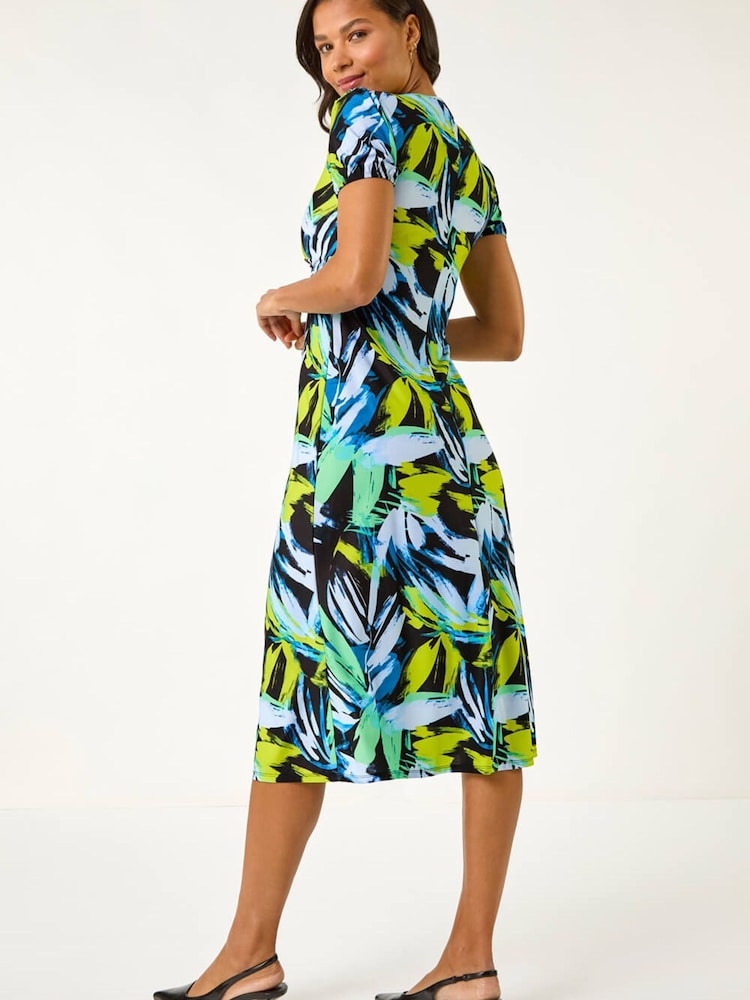 Roman Blue Leaf Print Twist Front Midi Dress - Image 5 of 5 Roman Blue Leaf Print Twist Front Midi Dress - Image 5 of 5