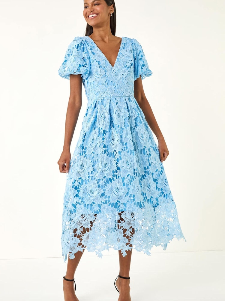 Roman Blue Premium Crochet Lace Midi Dress - Image 1 of 5
