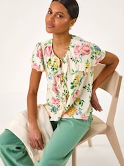 Roman Cream Floral Tie Front Frill Top - Image 1 of 5