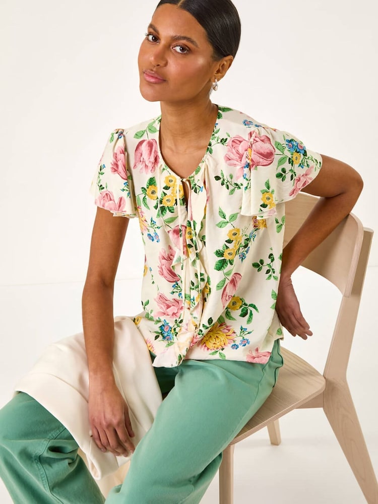 Roman Cream Floral Tie Front Frill Top - Image 1 of 5