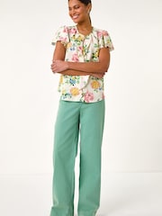 Roman Cream Floral Tie Front Frill Top - Image 2 of 5