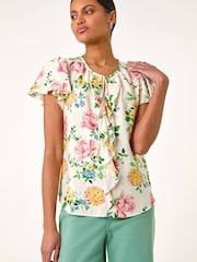 Roman Cream Floral Tie Front Frill Top - Image 4 of 5
