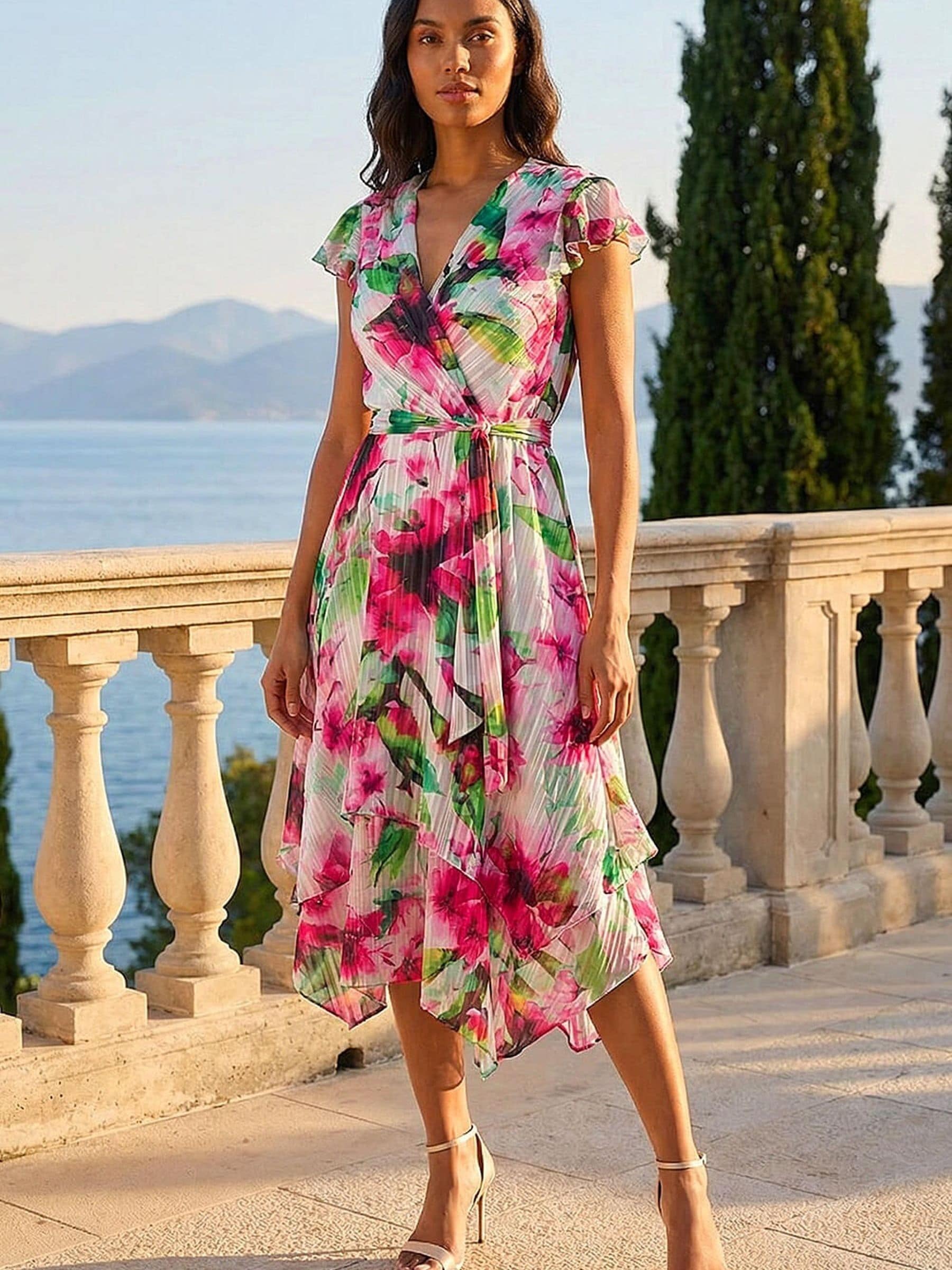 Roman Women's Pink Floral Ruffle Tie Waist Midi Dress