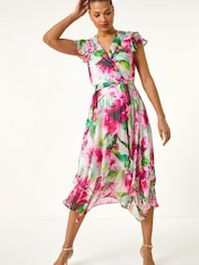 فستان متوسط الطول بنمط أزهار وكشكش ورباط على الخصر من Roman - Image 2 of 5