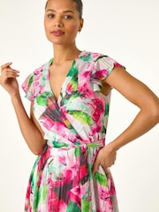 فستان متوسط الطول بنمط أزهار وكشكش ورباط على الخصر من Roman - Image 4 of 5