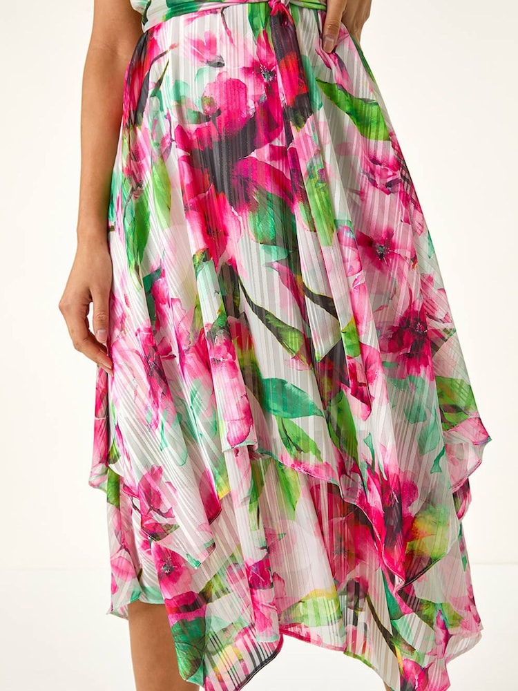 Roman Pink Floral Ruffle Tie Waist Midi Dress - Image 6 of 6