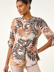 Roman Brown Leaf Print V-Neck Stretch Shirt - Image 1 of 5