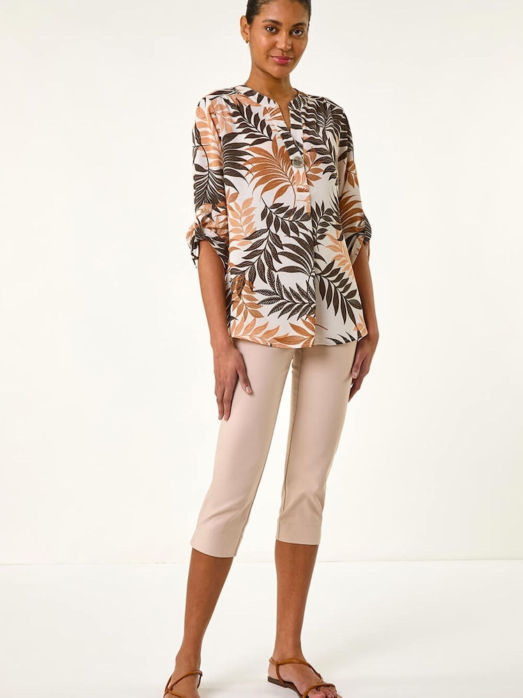 Roman Brown Leaf Print V-Neck Stretch Shirt - Image 2 of 5