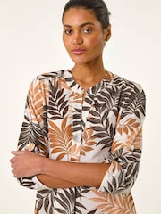 Roman Brown Leaf Print V-Neck Stretch Shirt - Image 4 of 5