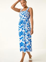 Roman Blue Floral Shirred Midi Dress - Image 2 of 5