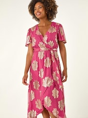 Roman Pink Jacquard Midi Wrap Dress - Image 2 of 5