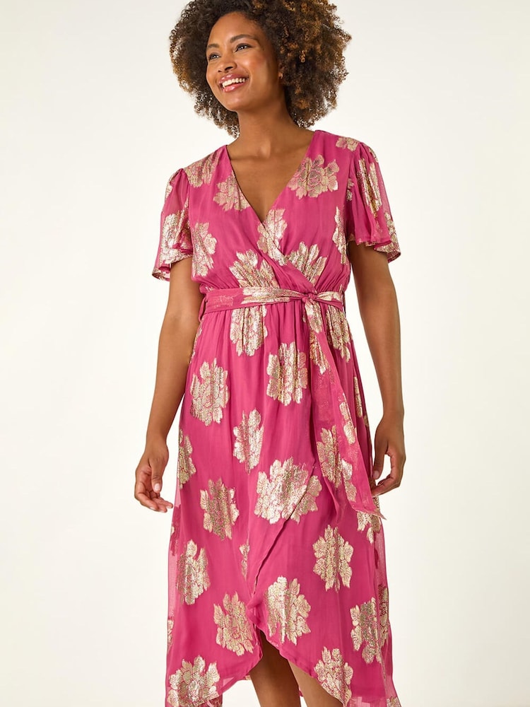 Roman Pink Jacquard Midi Wrap Dress - Image 2 of 5