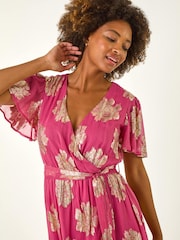 Roman Pink Jacquard Midi Wrap Dress - Image 4 of 5