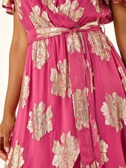 Roman Pink Jacquard Midi Wrap Dress - Image 5 of 5