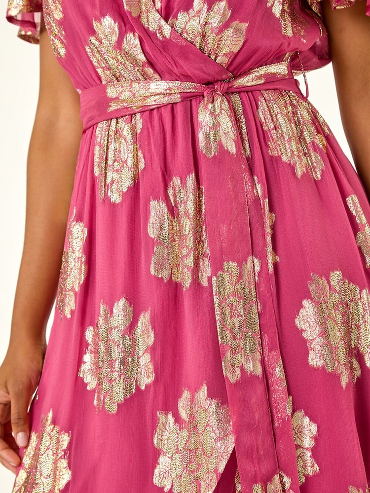 Roman Pink Jacquard Midi Wrap Dress - Image 5 of 5