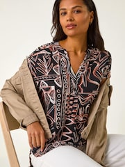 Roman Blue Textured Ikat Print Stretch Top - Image 1 of 5