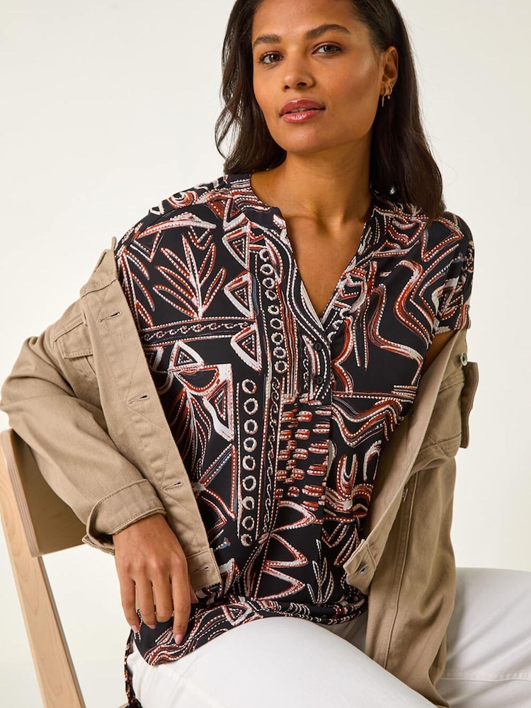 Roman Blue Textured Ikat Print Stretch Top - Image 1 of 5