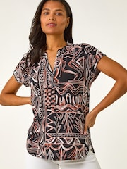 Roman Blue Textured Ikat Print Stretch Top - Image 4 of 5