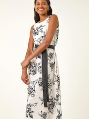 Roman White Monochrome Printed Satin Midi Dress - Image 1 of 5