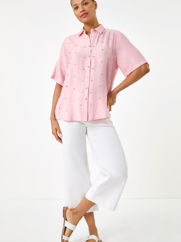 Roman Pink Rhinestone Button Detail Collar Blouse - Image 2 of 5