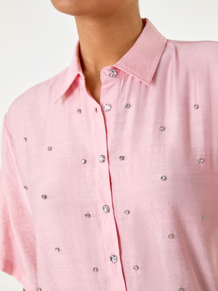 Roman Pink Rhinestone Button Detail Collar Blouse - Image 5 of 5